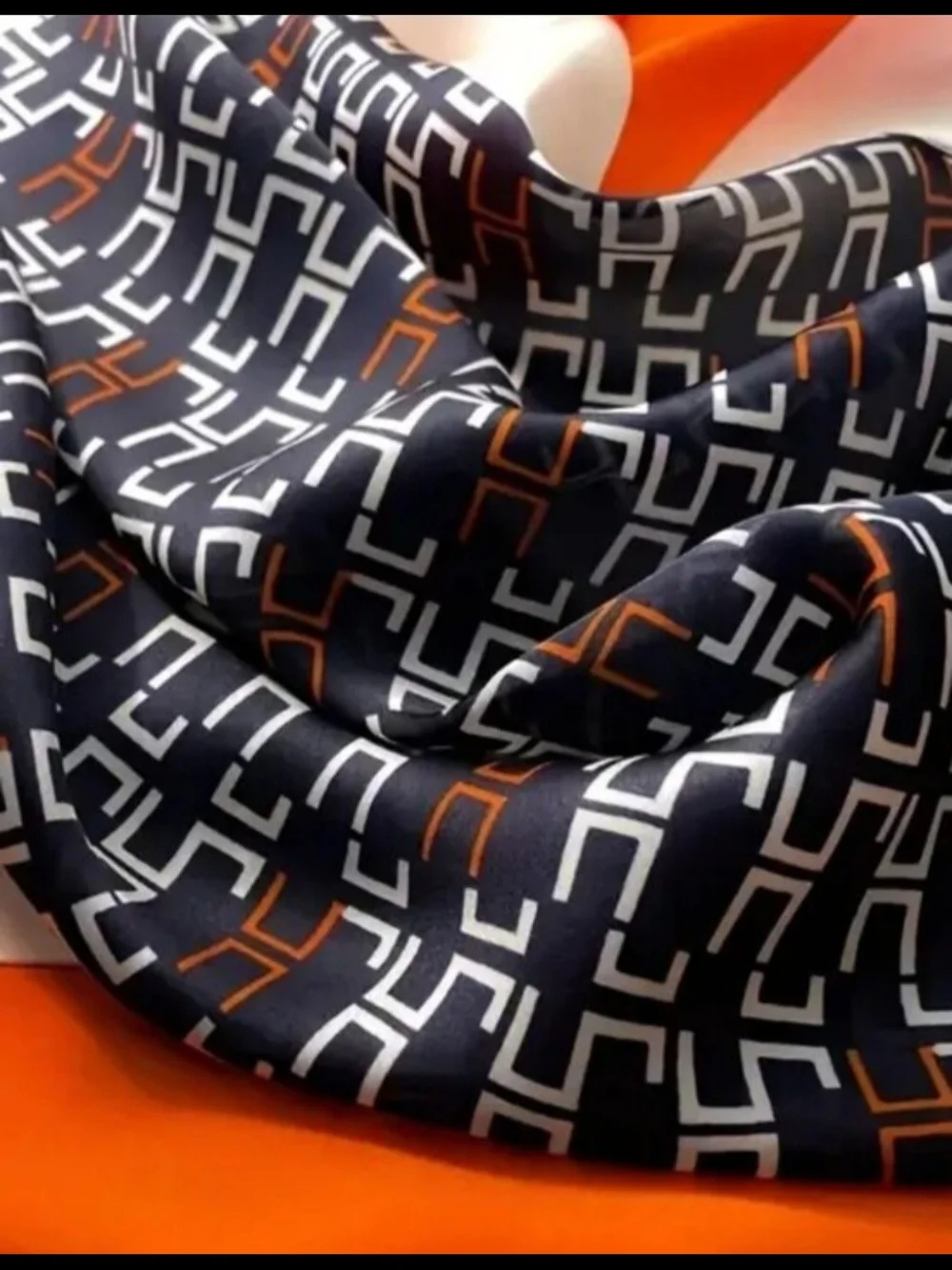 Silk-feel  Orange and Black Geometric  Head Scarf, Neck Scarf
